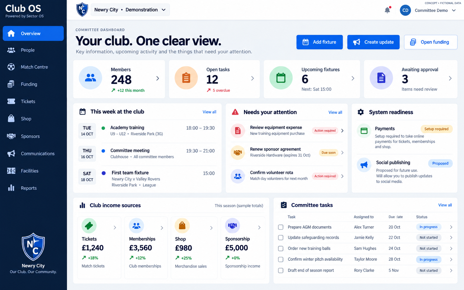 Concept of a Your Club OS committee dashboard showing tasks, fixtures and sample club information